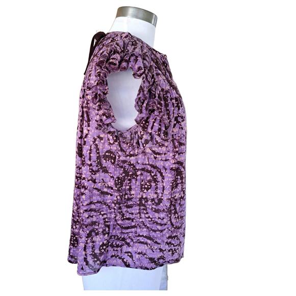 ULLA JOHNSON Amai Blouse Purple Batik Top Size 2 Small Flutter Sleeve Boxy - Picture 6 of 15